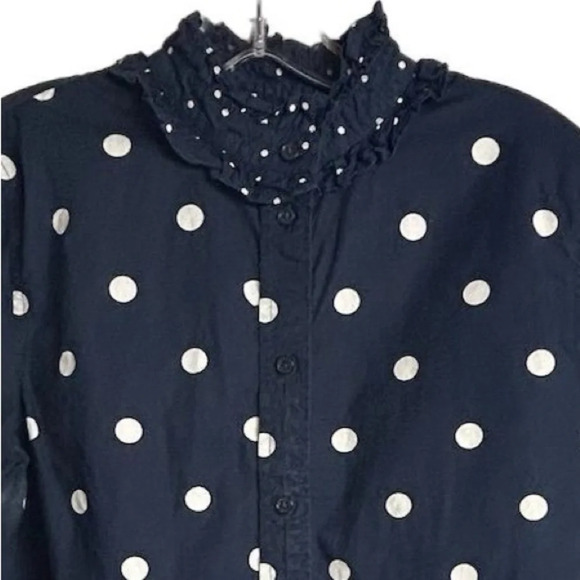 J. Crew Women's Size 6 Blue Polka Dot Ruffle Neck Button-Up Shirt - Picture 2 of 11